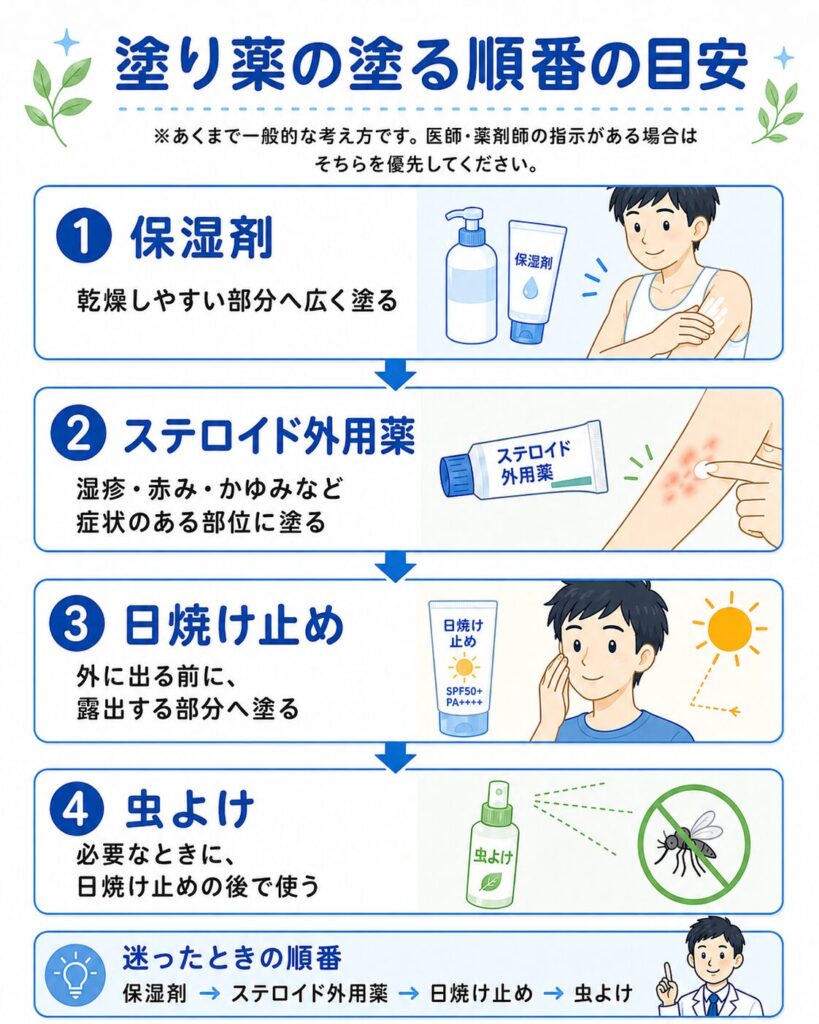 保湿剤、ステロイド外用薬、日焼け止め、虫よけを塗る順番の目安を示した図